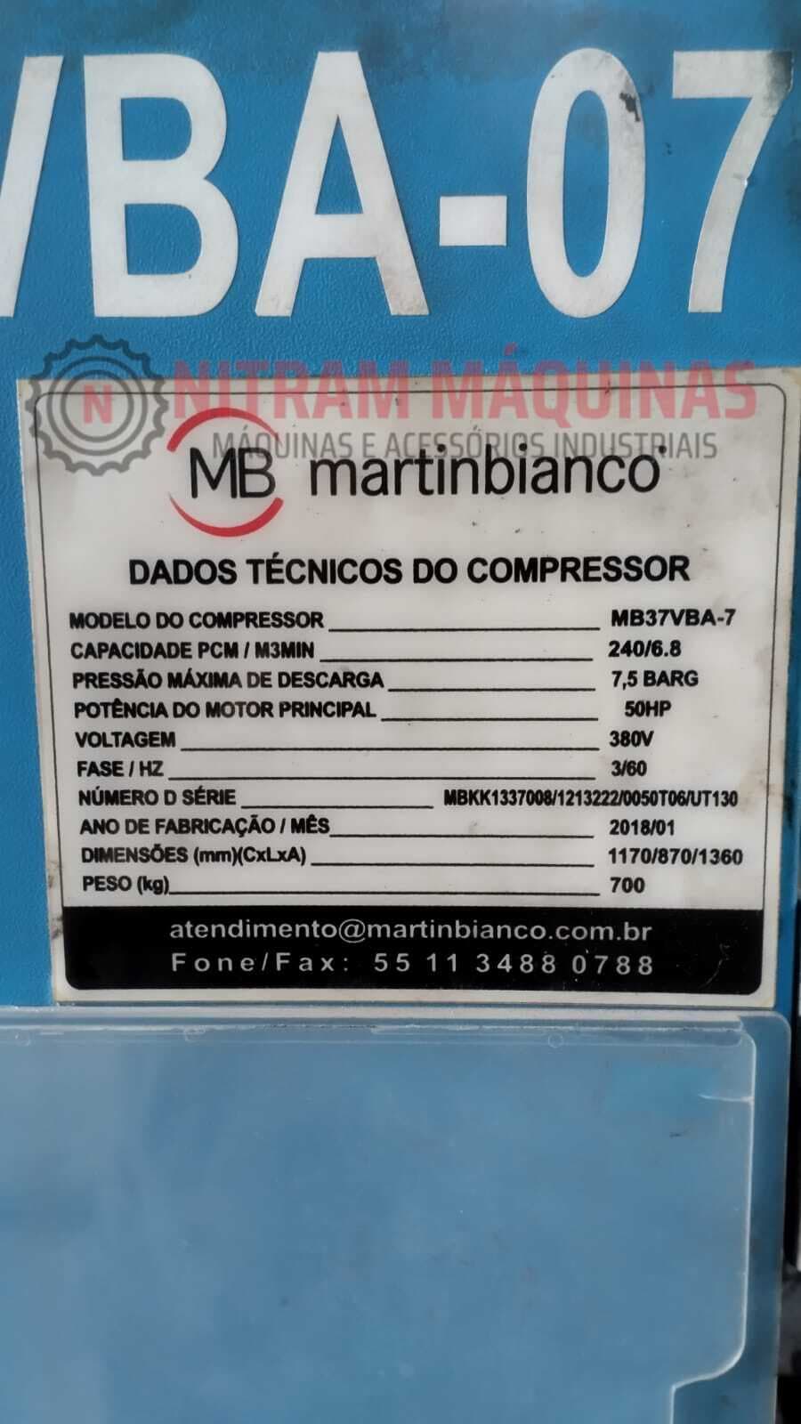 COMPRESSOR DE AR A PARAFUSO MARTINBIANCO PONTÊNCIA DO MOTOR 50HP