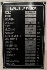 PRENSA EXCÊNTRICA JIN 125 TONELADAS, MOD. JL21-125 TIPO C