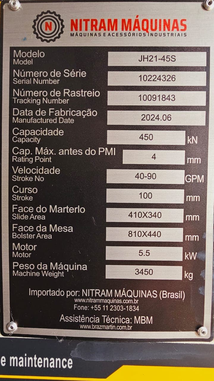 PRENSA EXCÊNTRICA 45 TONELADAS NITRAM, MODELO JH21-45S