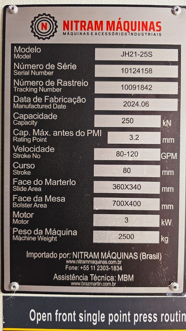 PRENSA EXCÊNTRICA 25 TONELADAS NITRAM, MODELO JH21-25S