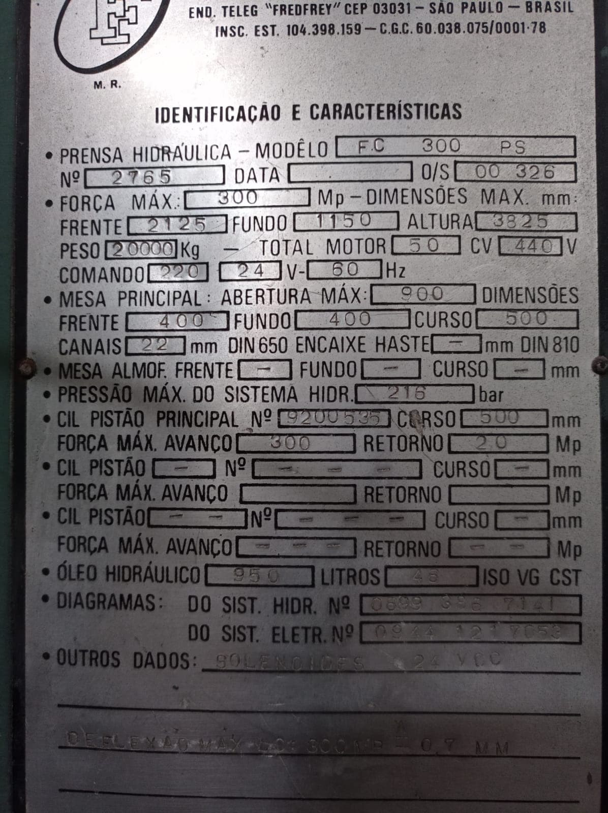PRENSA HIDRÁULICA FRED FREY 300 TONELADAS, MOD FC 300 PS