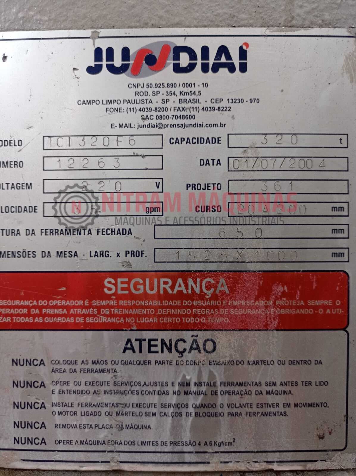 PRENSA JUNDIAÍ 320 TONELADAS MOD, TCI-320 F6